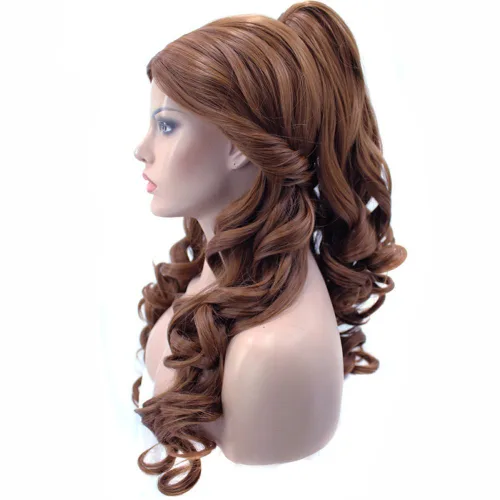 Vista 2 de ANOGOL Gorro de pelo + peluca larga ondulada marrón para mujer, pelucas de princesa para cosplay, pelucas de cola de caballo marrón prediseñadas