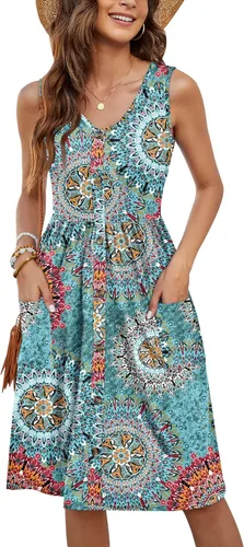 Vista 51 de MOLERANI Vestido de verano para mujer, sin mangas, estilo casual, suelto, con vuelo, botones, midi, con bolsillos 01-beja Blue