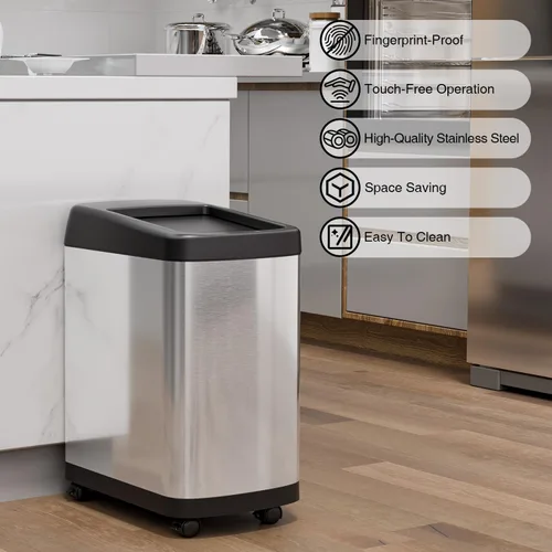Vista 2 de ELLO&ALLO Bote de basura de cocina de 13 galones con tapa enrollable, sensor de movimiento automático sin contacto rectangular con ruedas, acabado