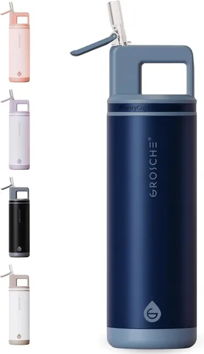 Vista 27 de GROSCHE Alpine Flip N Sip - Botella de agua para niños, tapa con popote