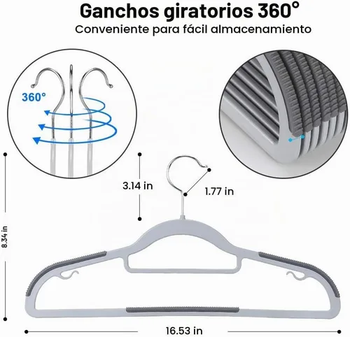 Vista 3 de OIKA Paquete de 30 perchas de plástico para ropa, color gris Construcción de plástico ABS, agarre antideslizante, ganchos giratorios de 360°, perfil