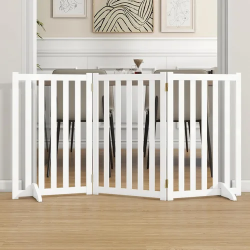 Vista 12 de Puerta independiente para mascotas de 30 pulgadas de altura, valla de seguridad plegable de madera maciza con 2 pies de soporte, ideal para Roble
