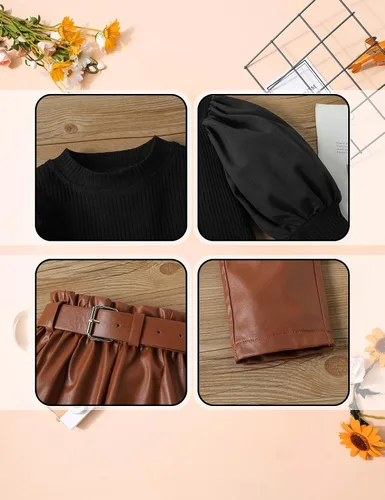 Vista 5 de DONWEN Conjunto de ropa de manga abombada para niñas pequeñas + pantalones de cuero, 2 piezas de ropa de otoño para niñas