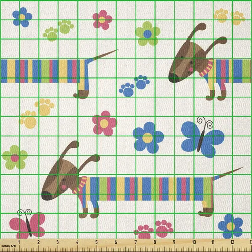 Vista 2 de Ambesonne Tela para Amantes de los Perros por Yarda, Perro Salchicha de Dibujos Animados Dachshund Cachorro con Pijamas a Rayas Flores y Mariposas