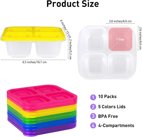 Vista 2 de Ruisita Caja Bento de 10 piezas con 4 compartimentos, reutilizable, contenedor de almacenamiento de alimentos divididos con tapas, control
