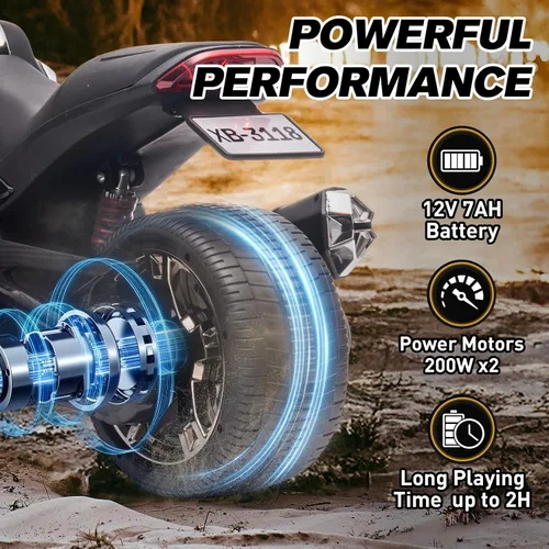 Vista 3 de Motocicleta eléctrica para niños de 12 V, rueda eléctrica de 3 ruedas, con luces LED, neumáticos EVA, velocidad alta y baja, bocina, música, negro