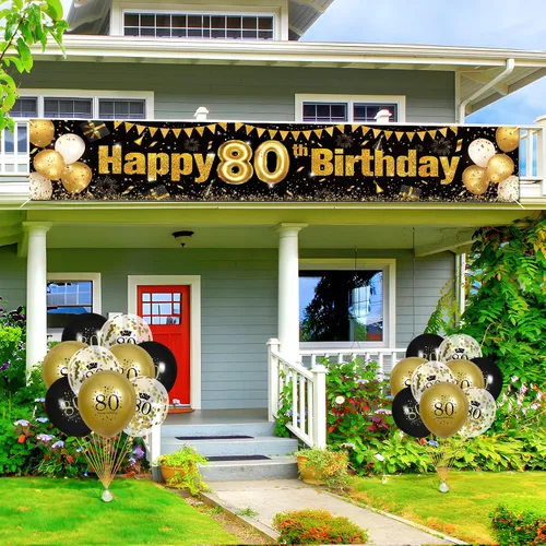 Vista 3 de Globos de decoración de cumpleaños n.° 80 y negro dorado para hombres y mujeres, pancarta de feliz cumpleaños n.° 80 para fiesta de cumpleaños n.°