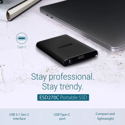 Vista 3 de Transcend ESD270 SSD externo de 250 GB para iPhone16/15/iPad/Mac/Windows/Android, PC/Laptop/Tablet/TV/Consola de juegos, SSD portátil con respaldo