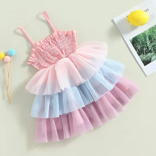 Vista 7 de Vestido sin mangas para bebé niña, vestido de tul esponjoso, falda tutú en capas, vestido de verano para niños