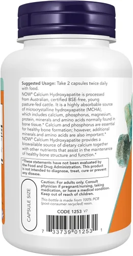 Vista 3 de NOW Suplementos, Hidroxiapatita de Calcio, Apoya la Salud Ósea*, 120 Cápsulas