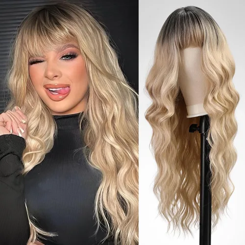 Vista 9 de Pelucas rubias cenizas para mujer, peluca larga recta en capas con flequillo, cabello sintético natural con raíces oscuras