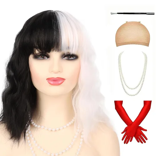 Vista 102 de Peluca de cosplay estilo Bob azul oscuro + horquilla de libélula + collar para fiesta, disfraz de Halloween, peluca de mujer