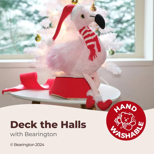 Vista 3 de Colección Bearington - Peluche festivo Fifi flamenco de Navidad rosa de 8.5" con calcetines lindos, bufanda y gorro de Papá Noel - Adorable animal