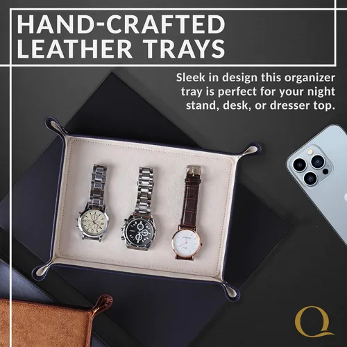 Vista 3 de Bandeja de valet para hombre, organizador de mesita de noche, organizador de mesita de noche, bandeja de piel auténtica para relojes, carteras