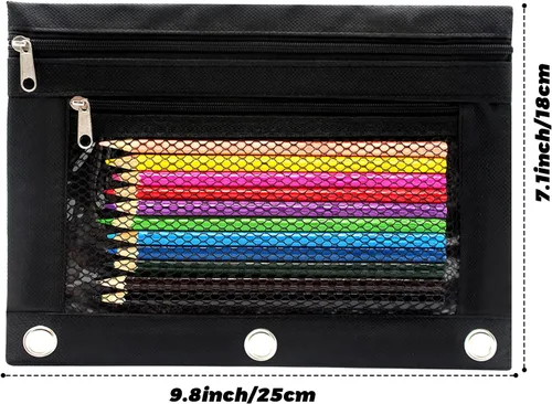 Vista 2 de Estuche para lápices de 3 anillos con cremallera, estuche de lona con 2 compartimentos (juego de 2, negro)