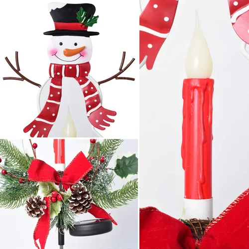 Vista 7 de Juego de 2 luces solares de Navidad para exteriores en liquidación, vela LED, muñeco de nieve con piñas de pino sintéticas, detalles de follaje