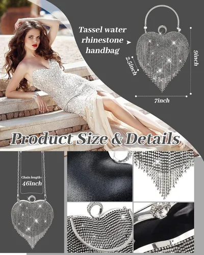 Vista 3 de Juego de 5 monederos de embrague de diamantes de imitación para el día de San Valentín para mujer, con forma de corazón, borla y bolsa de mano