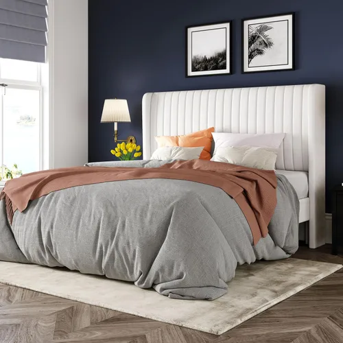 Vista 20 de Allewie - Base de cama tamaño Full con cabecera tapizada en terciopelo y diseño acanalado vertical; plataforma de cama tapizada; listones de madera