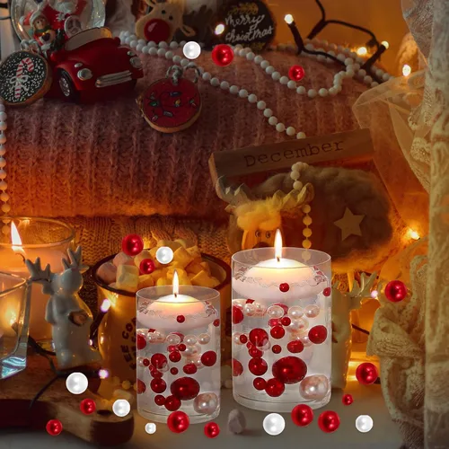 Vista 2 de LIOOBO Perlas de relleno de jarrón de Navidad: cuentas para decoración de jarrones, cuentas rojas y cuentas blancas para centros de mesa, 500