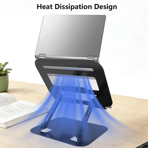 Vista 6 de Soporte ajustable para laptop, base de metal ultra estable, elevador plegable ergonómico para computadora de escritorio, compatible con MacBook Negro
