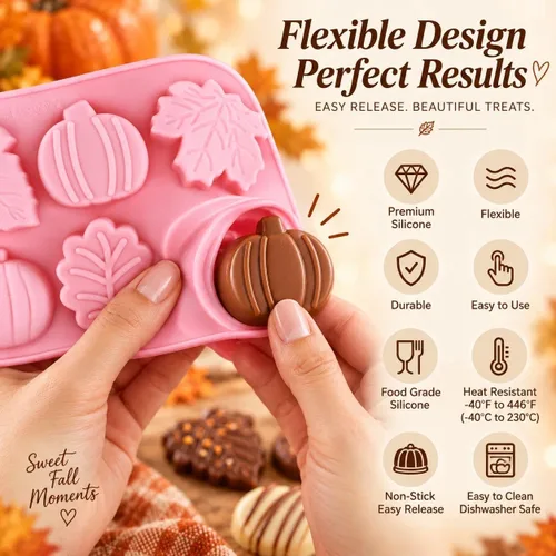 Vista 4 de Crethinkaty 1 molde de silicona para chocolate con 6 cavidades de calabaza, hojas, hojas de arce, moldes para bricolaje, chocolate, dulces, gelatina
