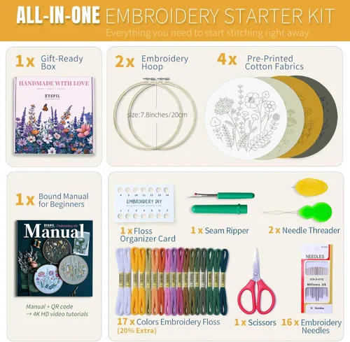 Vista 2 de ETSPIL Kit de bordado para adultos y adolescentes, paquete de 4 muestrarios florales, 2 aros ajustables, tela preimpresa, 17 hilos vibrantes, 16