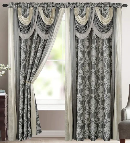 Vista 11 de V Bella - Panel de cortina jacquard de lujo con cenefa de cascada adjunta y bufanda, 54 x 84 pulgadas, color beige