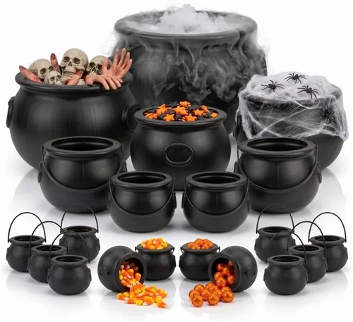 Vista 15 de PMU Caldero grande de Halloween 4p-16, (3) 8 pulgadas grande bruja plástico caldero tazón negro, para decoración de Halloween