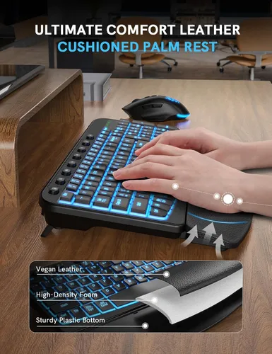 Vista 2 de SABLUTE Combo de teclado y mouse inalámbrico ergonómico, MA12Pro Wave teclado con reposamuñecas de cuero para escribir cómodamente, retroiluminación