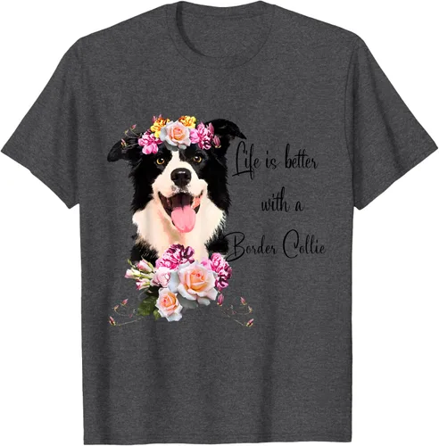 Vista 41 de Life is Better With a Border Collie - Camiseta de perro lindo con flores, gris, S Gris Oscuro