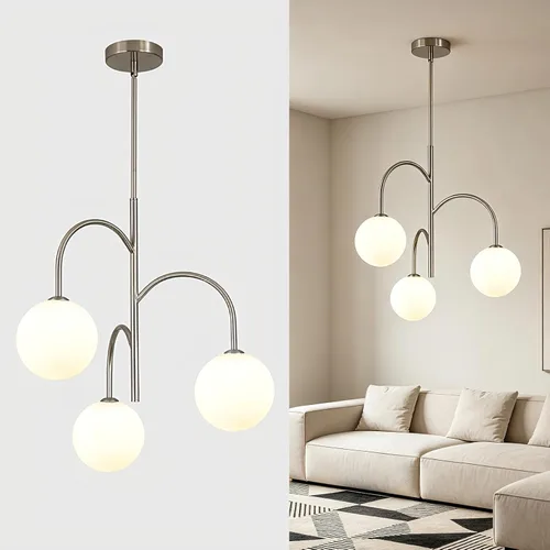 Vista 15 de Candelabro de globo de vidrio de leche de 3 luces, moderno de 1-oro+blanco