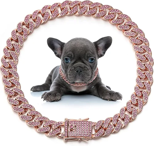 Vista 9 de LEIFIDE Collar de Cadena para Perro con Enlace de Diamante Collar para Cachorros de 12 mm de Ancho Collar de Metal para Gatos Collar de Cristal