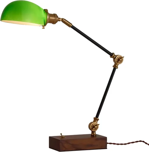 Vista 11 de Lámpara de Banquero, Lámpara de Escritorio Verde Tradicional con Base de Madera de Abedul Maciza, Lámpara de Biblioteca Antigua de Vidrio Verde