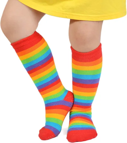 Vista 4 de EPEIUS Calcetines altos a la rodilla con rayas arco iris para bebé, medias de tubo antideslizantes, calcetines de fútbol para niños pequeños y niños