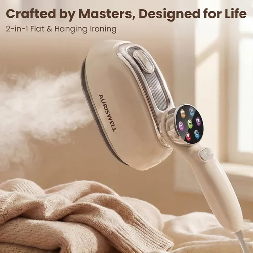 Vista 2 de Vaporizador de mano para ropa, vaporizador portátil 2 en 1 de 1200 W y plancha de viaje con 7 modos, mango giratorio de 180°, calentamiento rápido
