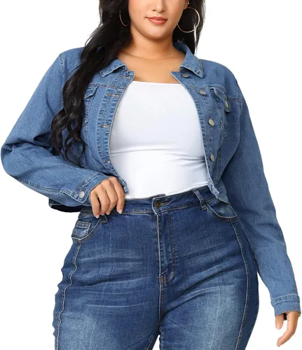 Vista 23 de uxcell Chaquetas de mezclilla cortas con botones de talla grande para mujer con costuras 2025