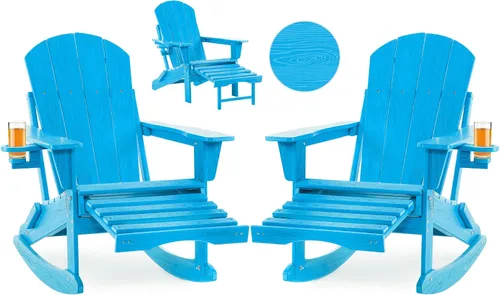 Vista 21 de Mecedora plegable Adirondack, silla de patio multifuncional 4 en 1 con otomana retráctil, silla de exterior con textura de madera, silla de césped