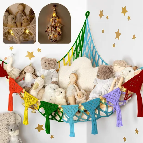 Vista 8 de TIDYTEDS Macramé DreamLights Hamaca de Red de Almacenamiento de Animales de Peluche Boho Extra Grande Soporte de Almacenamiento de Juguetes de Azul