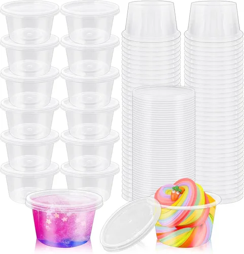 Vista 9 de Szsrcywd 100 juegos de vasos de gelatina de 4 onzas con tapas, recipientes desechables de plástico transparente para condimentos para souffle