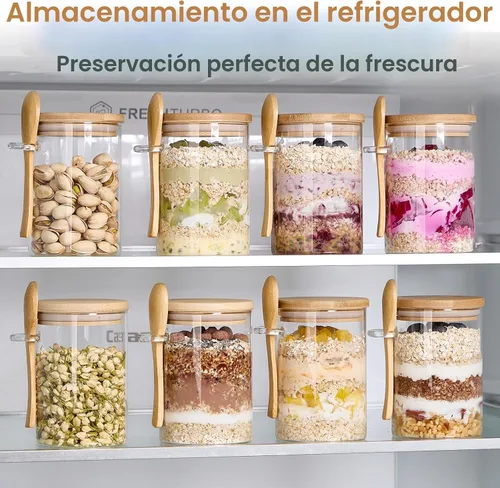 Vista 5 de Paquete de 4 recipientes de avena nocturna con tapas y cucharas de bambú - Tarros de vidrio herméticos de 22 onzas con tapa, tarros de preparación