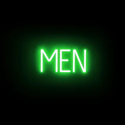 Vista 23 de SpellBrite Letrero de MEN para baños de negocios Letreros relacionados con el baño con aspecto de neón, luz LED azul 13.8 x 6.3 pulgadas