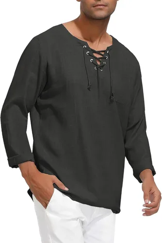 Vista 3 de PJ PAUL JONES Men's Linen Henley Shirt Long Sleeve V Neck Lace Up Renaissance Shirt Yoga Top