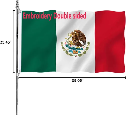 Vista 6 de Bandera mexicana bordada de doble cara para exteriores, 3 capas, poliéster 340D resistente y cabecera de lona duradera