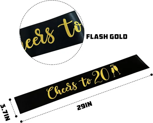 Vista 2 de Banda con texto en inglés "Cheers to 20", banda de oro negro con texto en inglés "It's My 20th Birthday" para mujeres y hombres, regalos de feliz 20