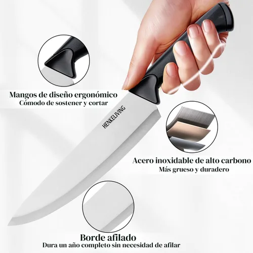 Vista 3 de Juego de cuchillos de cocina de 6 piezas, acero inoxidable alemán de alto carbono, duradero y fácil de limpiar, color negro