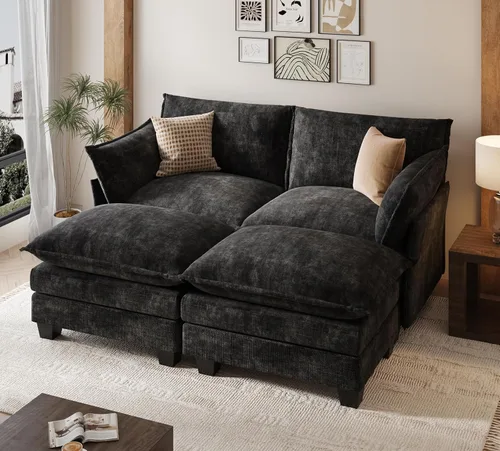 Vista 7 de KKL Sofá Cama Seccional Modular, Sofá Cama Convertible Seccional en Forma de L de 4 Plazas con Otomana, Sofá Nube de Chenilla Seccional para Sala