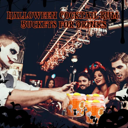 Vista 6 de Sliner 20 cubos pequeños para dulces de Halloween de 34 onzas, 100 calcomanías de terror, cubetas de ron de cóctel con tapa y asa para Halloween
