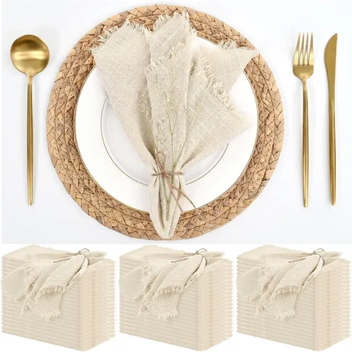 Vista 19 de Paquete de 12 servilletas de lino y algodón beige de 16 x 16 pulgadas, hechas a mano con flecos, servilletas de tela suave, lavables y rústicas