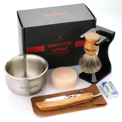 Vista 9 de Anbbas Brocha de afeitar de pelo de tejón, soporte, cuenco de espuma, jabón de 3.5 onzas, maquinilla de afeitar recta con bolsa y corte de afeitar