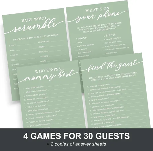 Vista 2 de Juegos de Baby Shower - Para 30 Invitados - 4 Juegos - Qué Hay en Tu Teléfono, Quién Conoce Mejor a Mamá, Encuentra al Invitado, Sopa de Letras